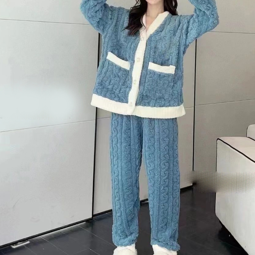 Kvinders pyjamassæt vinter nattøj o-hals løs langærmet top elastisk talje ben buksesæt bukser plus størrelse matchende sæt: L / Kongeblå