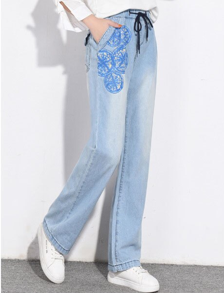 Jean denim imprimé Floral pour femme, pantalon ample, taille haute, jambes larges: XXL