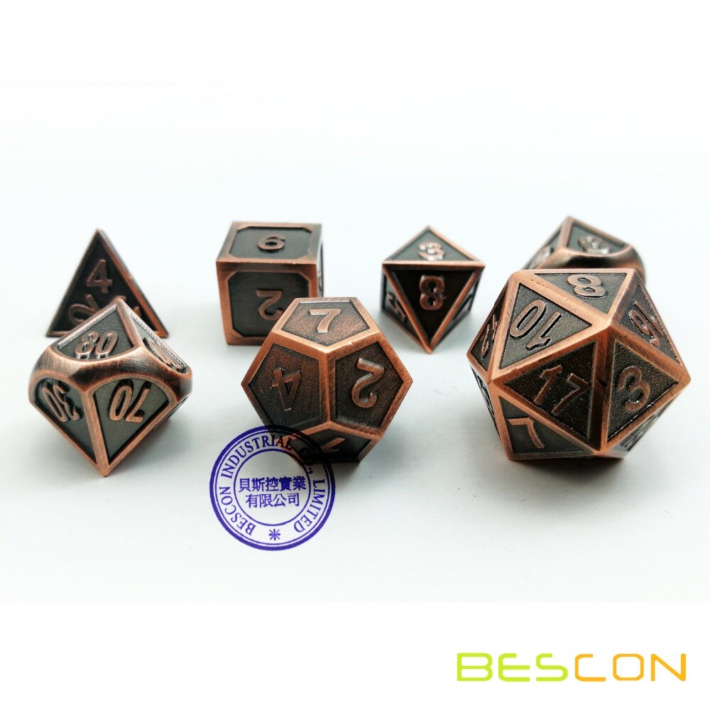 Bescon Stijl Koperen Solide Metalen Polyhedral D & D Dobbelstenen Set Van 7 Koperen Metallic Rpg Rol Playing Game dobbelstenen 7 Pcs Set D4-D20