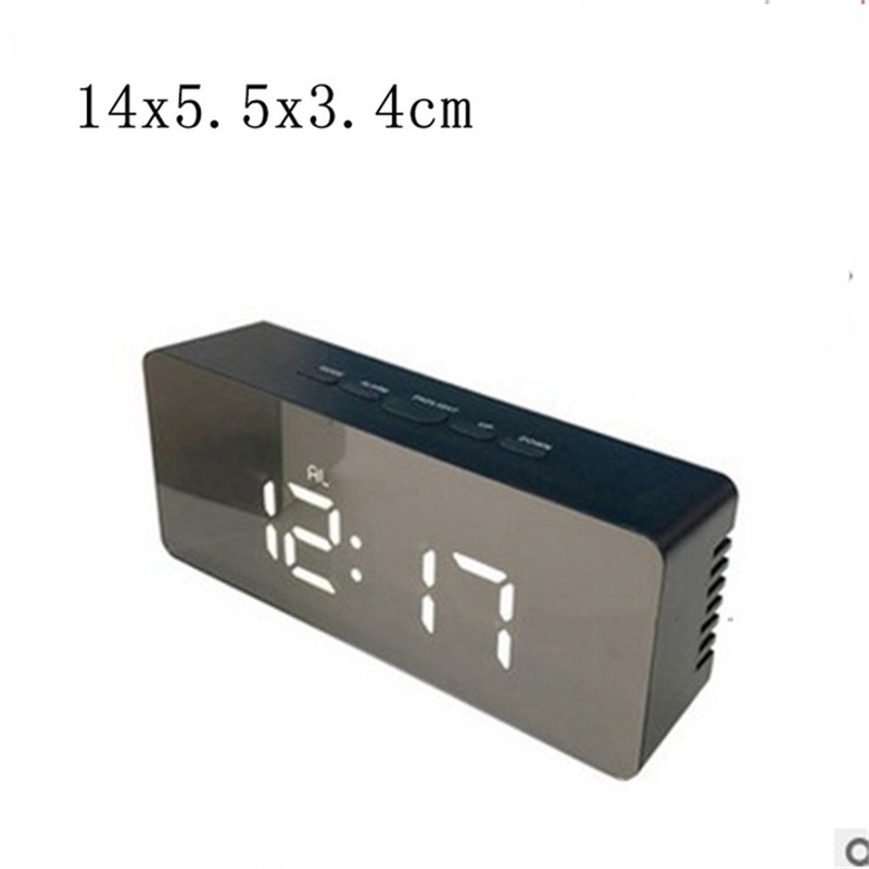 Digital Mirror Alarm Clock LED Display 5Fuctions Button Desk Clock Temperature Calendar Snooze Thermometer with USB 14x50x3.4cm