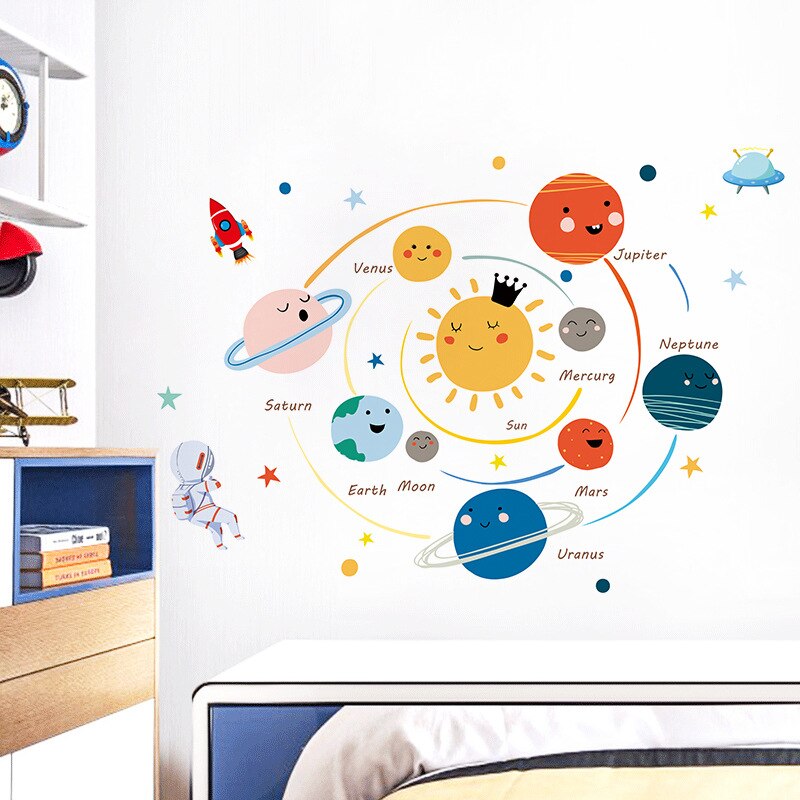 wondever Zonnestelsel Planeet Muurstickers Ruimte Astronaut Schil en Plak Muurkunst Stickers voor Baby Kinderkamer Kinderslaapkamer