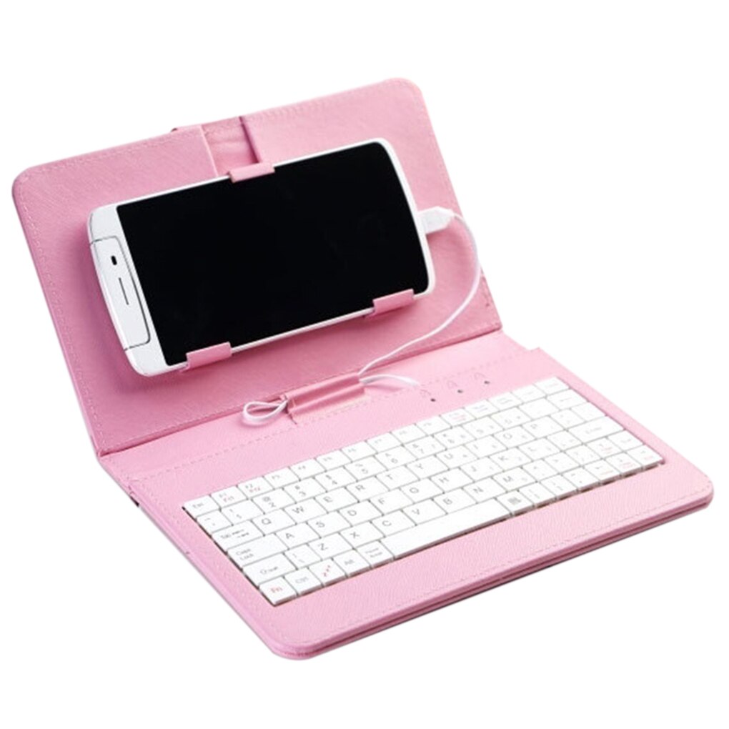 Bærbart pu lær trådløst tastaturetui til andriod beskyttende mobiltelefon med bluetooth tastatur til 4.8-6 tommers telefon: Rosa