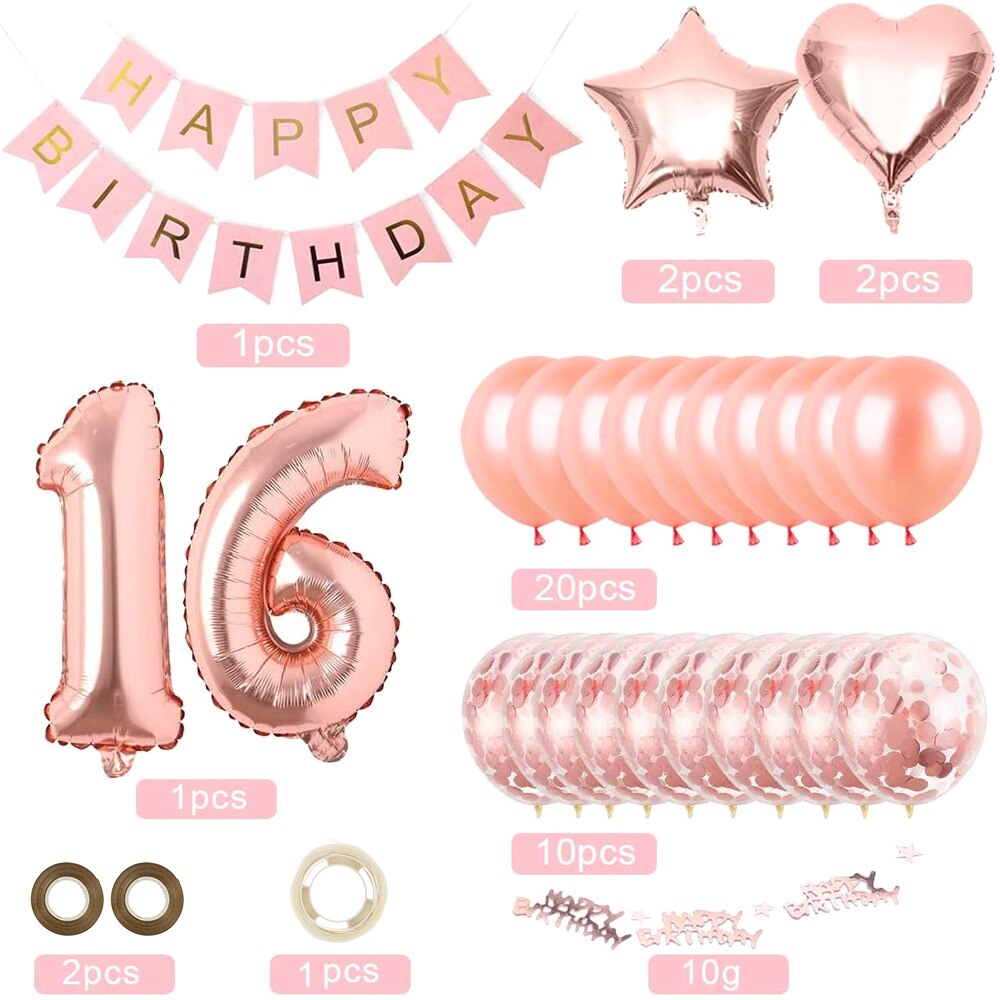 Birthday Balloon Set Number Rose Gold Birthday Decorations Festive Event Party Supplies Ballons Accessories 16th/18th/30th: 16th