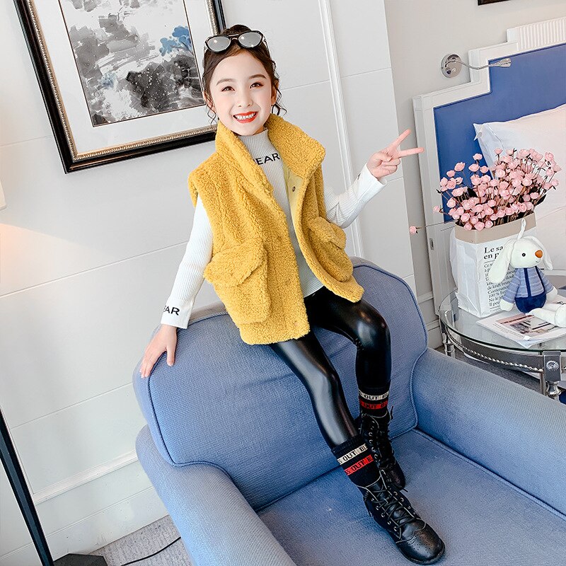 Children Winter Fleece Waistcoat Teenage Girl Sleeveless Single-breasted Plush Vest Pure Color Pockets Thicken Warm Chaleco Niña: Yellow / 4T5T  Fit 110cm