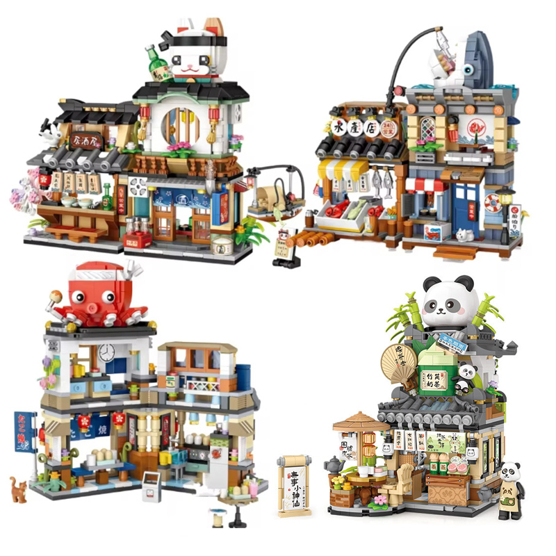 Serie Street View Building block Izakaya Ice Shop Takoyaki Shop Coffee Shop Panda Tea House modello regalo per bambini