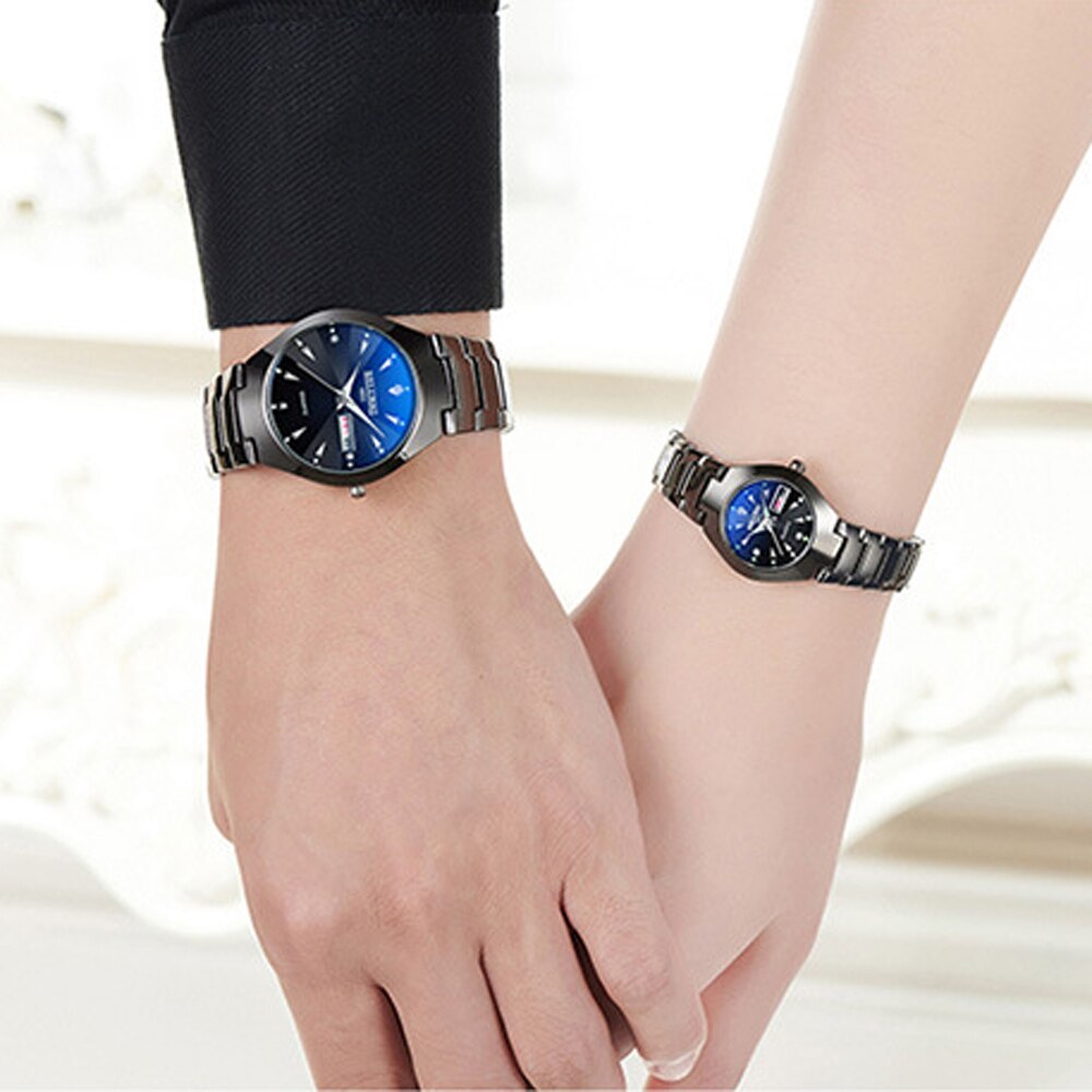 Paar Uhren oben Wolfram Stahl Schwarz Armbanduhr für Männer und Frauen Armbinde Weiblichen Uhr Reloj hombre Liebhaber saat