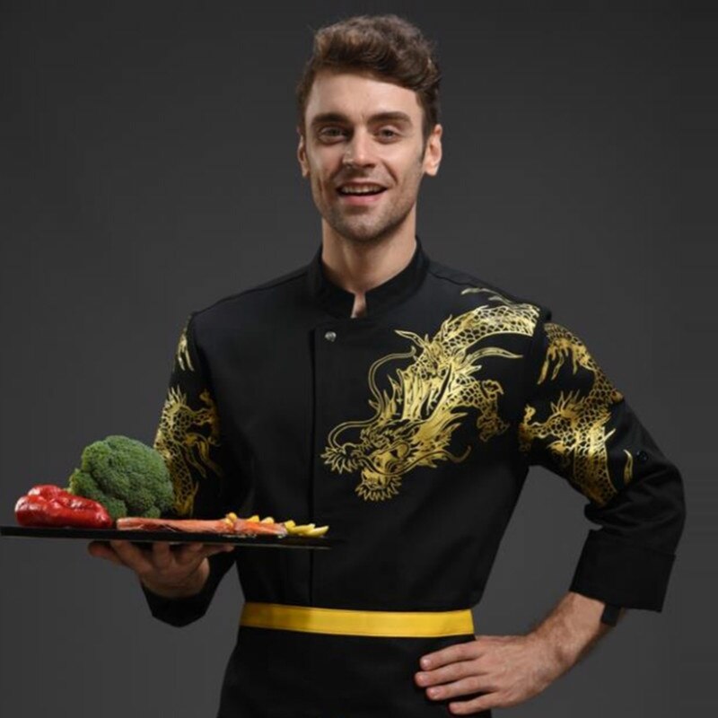 Chef-kok Jas Jas Korte Mouw Draak Patroon Kitchencook Kleding Restaurant Uniform Baker Dragen: Blauw / 4XL