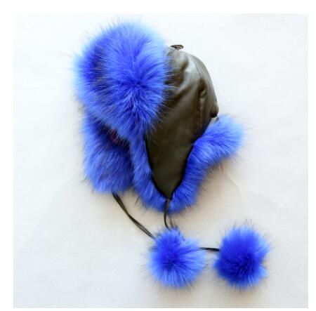 Kinderen Faux Fur Hoed Lederen Vos Bontmuts Lei Feng Thermische Sneeuw Cap Muts Beschermen Oren Hoed winter Hoed: Blauw / adul t62-60cm