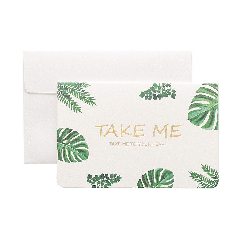 3pc Gilding White Cardboard Greeting Card Folded Paper Envelope Green Plant Notebook Diary Student School Office Stationery