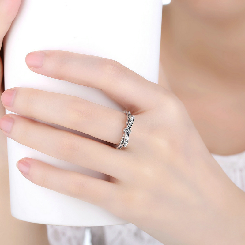 Bamoer 925 Sterling Silber Funkelnden Bogen Knoten Ringe Mikro Pflastern CZ für Frauen glänzend Zirkon Hochzeit Jahrestag Schmuck Pa7104