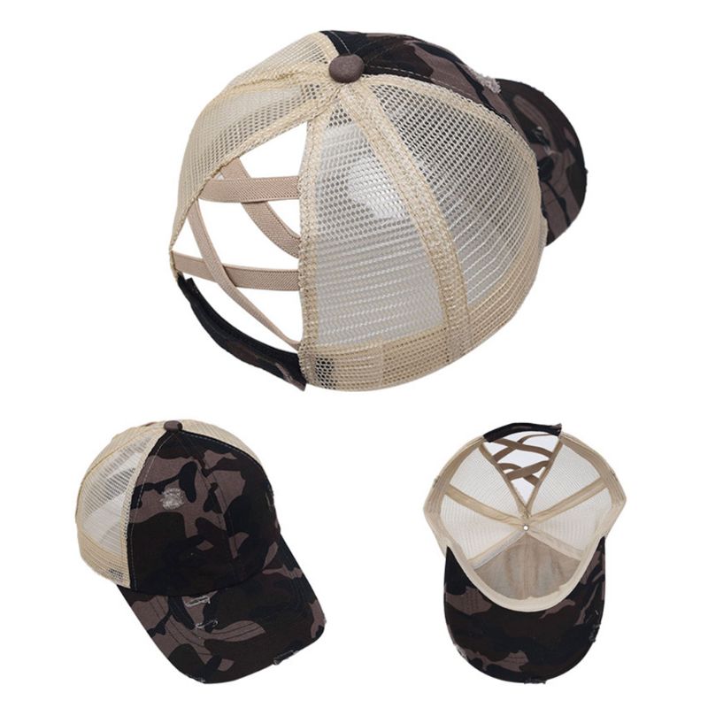 Vrouwen Verontruste Gewassen Mesh Terug Baseball Cap Luipaard Camo Print Hollow Criss Cross Band Paardenstaart Messy Bun Trucker Hoed