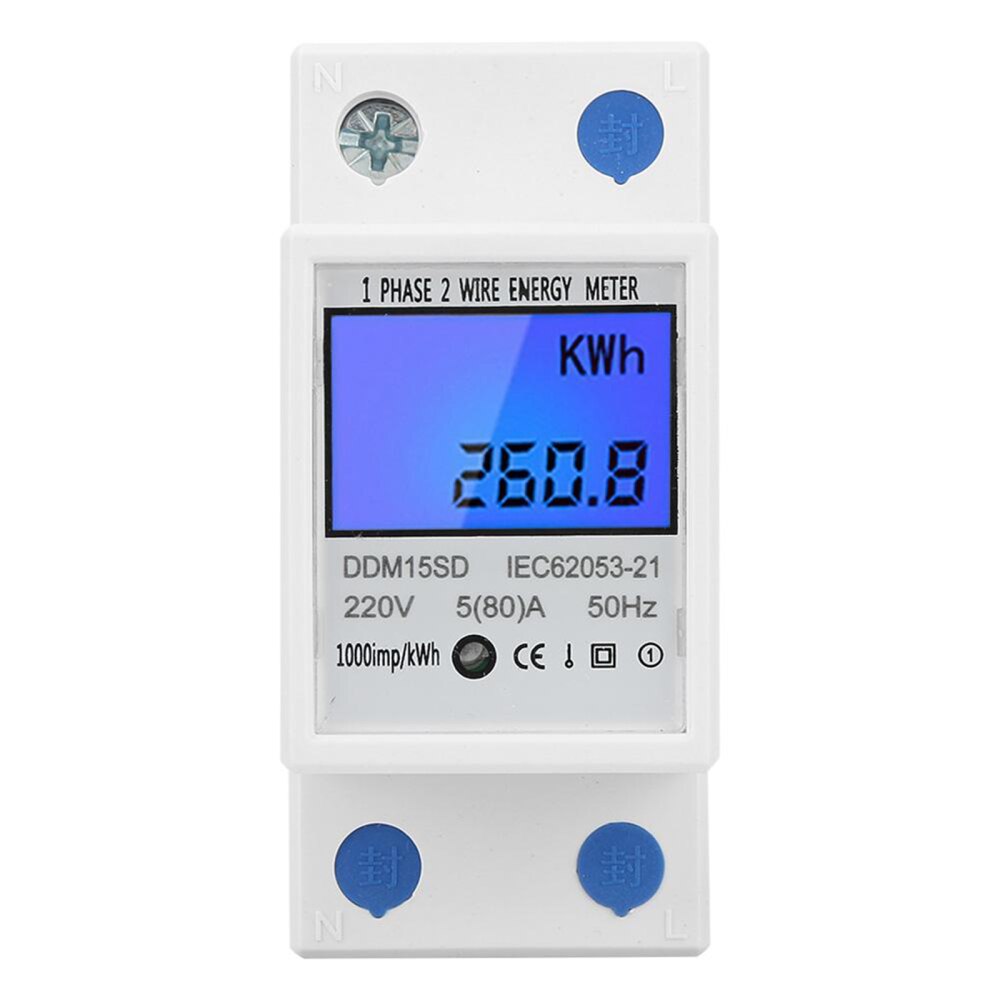 Single-phase LCD DIN Rail Energy Meter Digital Electric DDM15SD 2P Multi-function With Backlight Display 5-80A