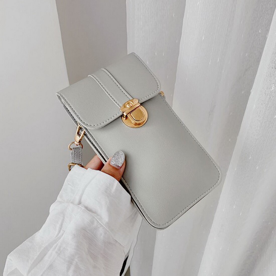 Litthing Touch Screen Mobile Phone Purse Smartphone Leather Mini Wallet Bag with Shoulder Strap Waterproof Touch Bag for Women: light gray