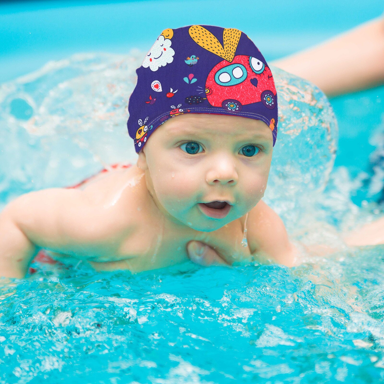 Gorro de natación con estampado de animales para niños y bebés, gorro ligero de poliéster suave con orejas protectoras e impermeable, Unisex # BL2: B