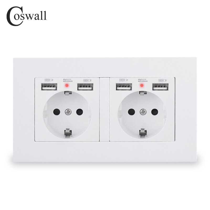 Coswall mærke 2 gang rusland spanien eu standard vægstik med 4 usb ladeport skjult blød led indikator pc panel sort hvid: Hvid