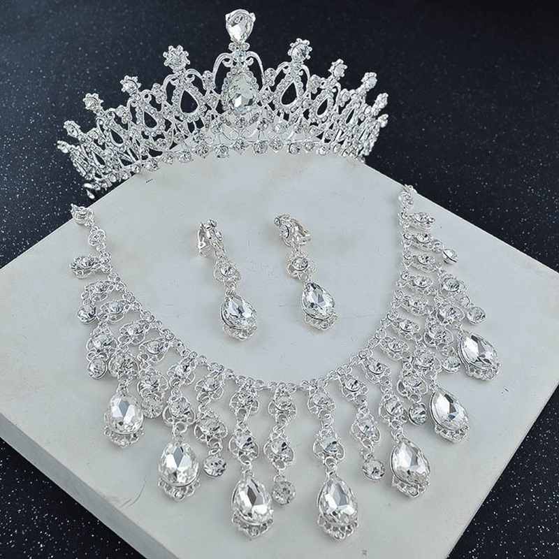 Super Flashing Crystal Jewelry Set White Plating Rhinestone Sparkly Necklace Earring Crown Wedding Dresses Decorations SJT00188: Default Title