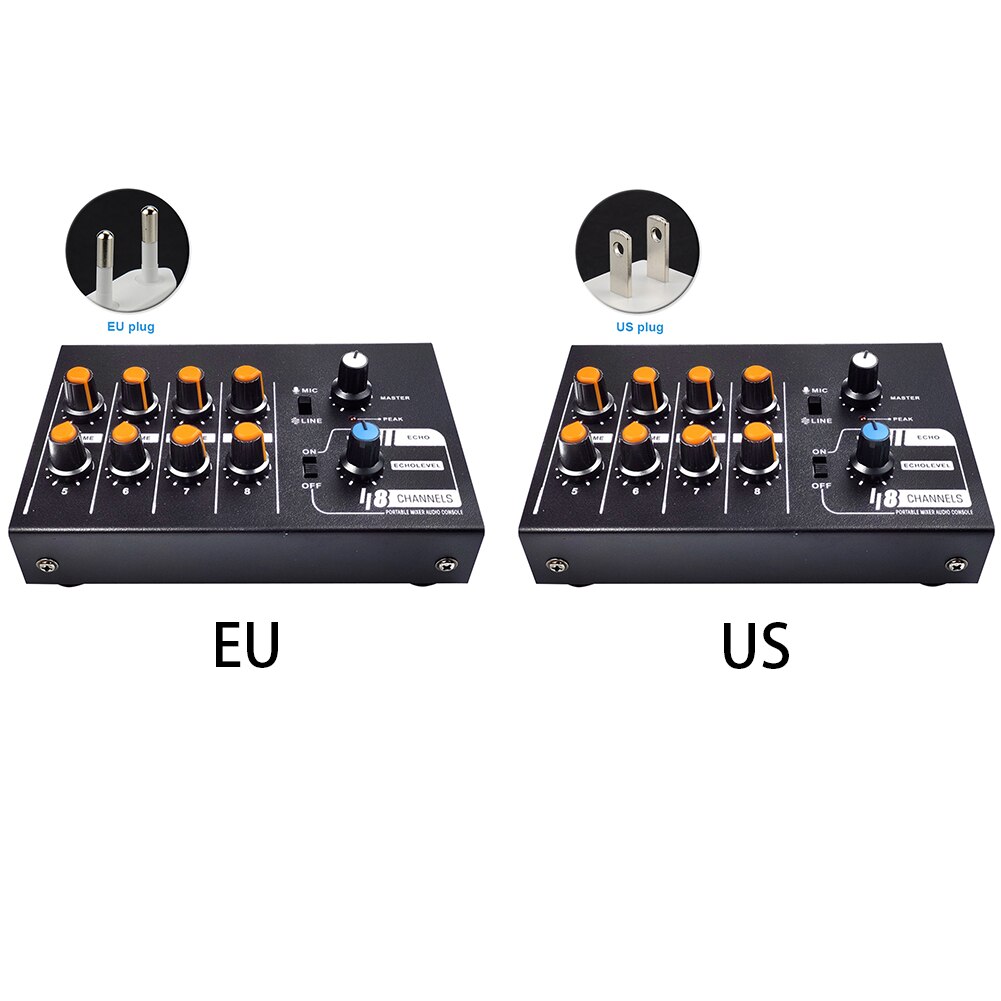 Stereo Professionele Mini Draagbare 8 Kanalen Audio Mixer Mono Zwart Thuis Lage Noise Metalen Dj Karaoke Party Schakelbare