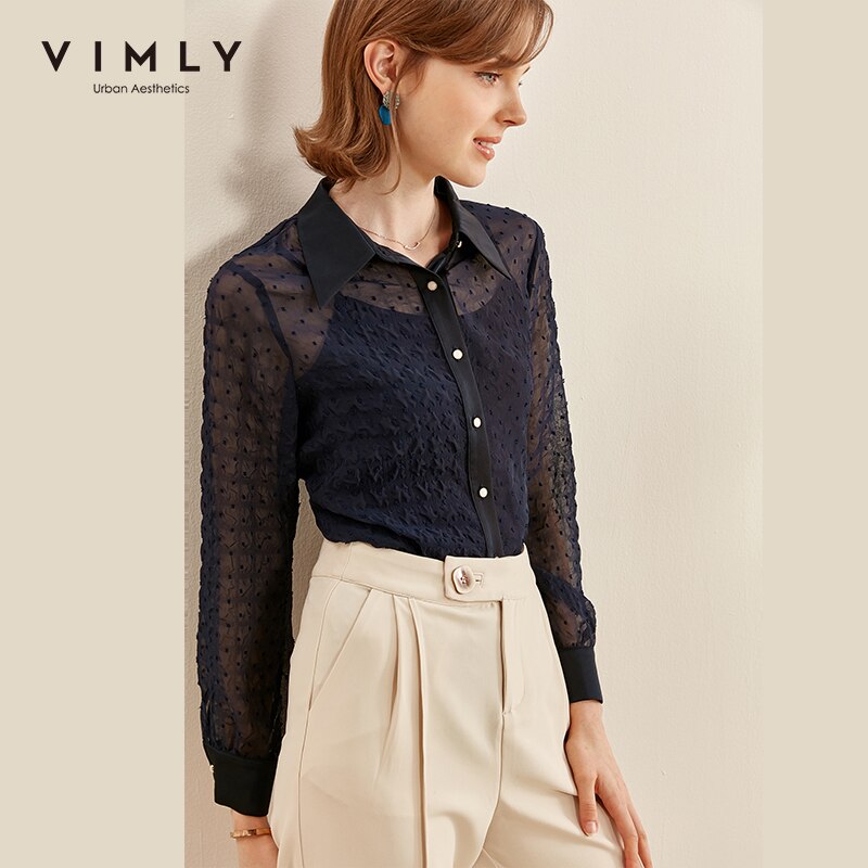 Vimly Herbst Frauen Hemden Büro Dame Drehen Unten Kragen Einreiher Chiffon Bluse Jahrgang Blusas Feminina F2108