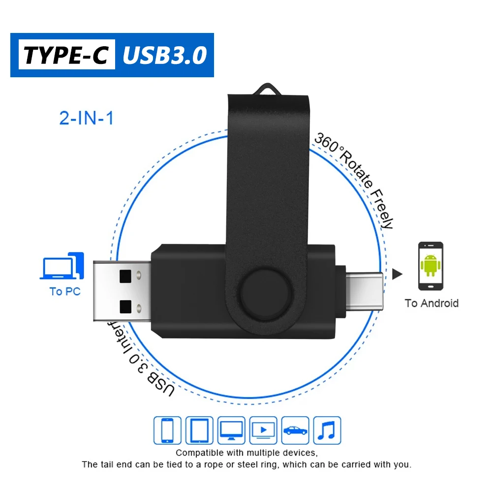 Type-C USB 3.0 High Speed Flash Drive 2 IN 1 360° Rotate Freely Pen Drive 128GB/64GB/32GB/16GB Multi-format Compatible U Disk