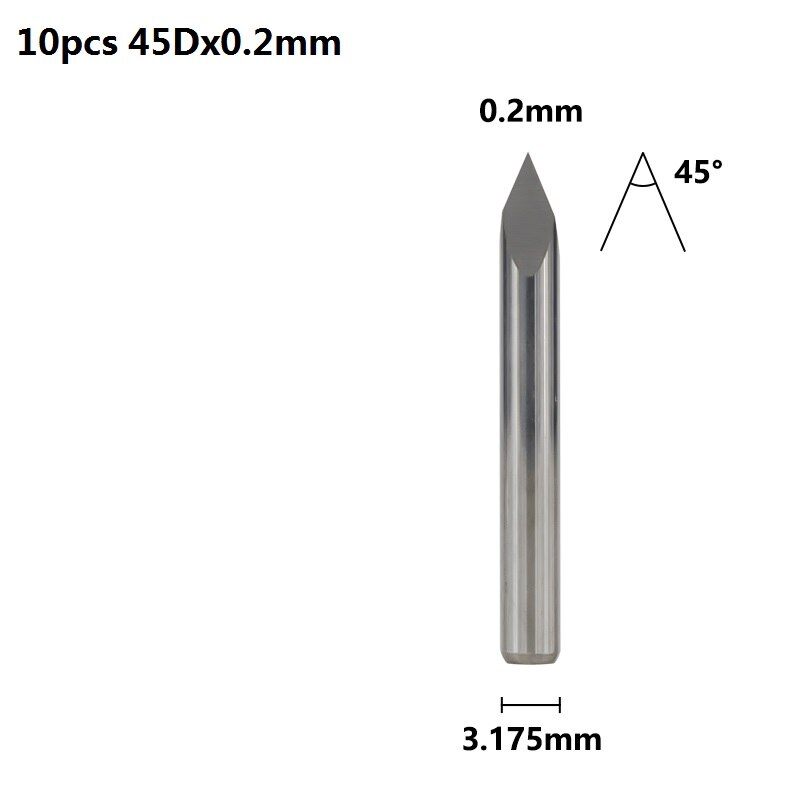 Xcan 3 Rand Piramide Graveren Bits 10 Stuks 20/30/40/45/60/90 Graden Tip 0.1-0.3Mm 3.175Mm Shank Cnc 3D Frees: 10pcs 45Dx0.2mm