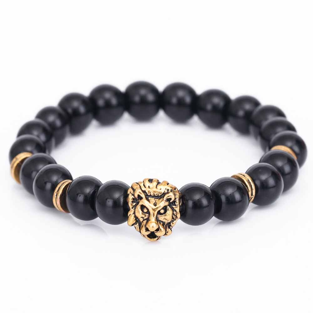 Bracelet en pierre de lave noire pour homme, perles de bouddha, tête de Lion, accessoires,