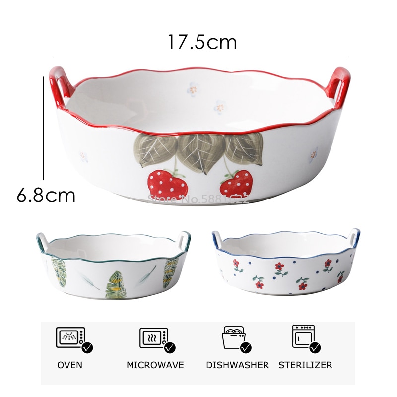 1pc Ceramic Salad Bowl with Double Handle Ramekin Baker Dinner Plate Pasta Tray Dishes Microwave Oven Safe Serving Plate