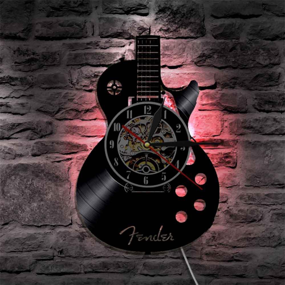 Akoestische Gitaar Klok Led Vinyl Record Custom Klok Stille Muziekinstrument Wandklok Art Home Decoratie