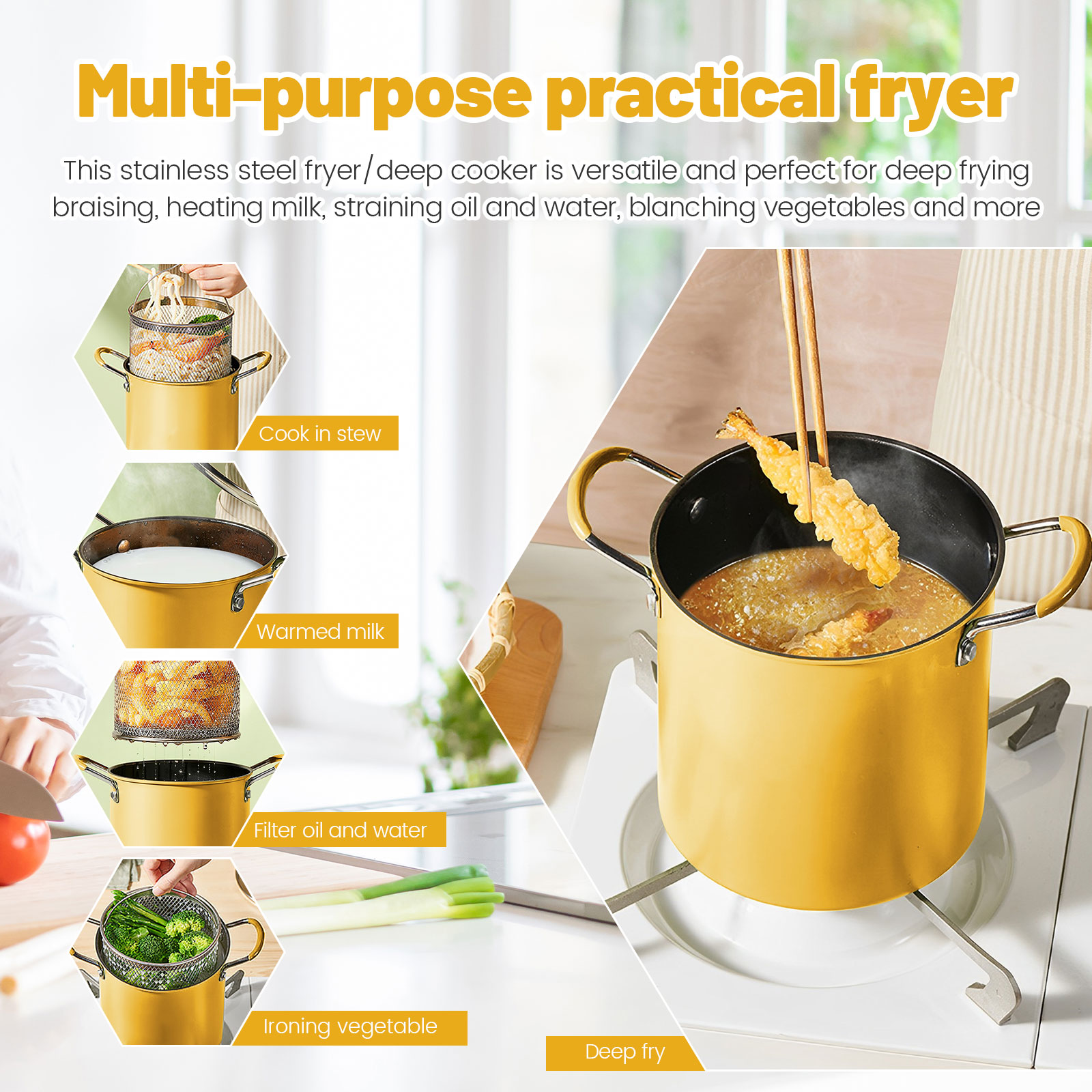 Olla para freidora con cesta coladora, olla para freidora de patatas fritas de pescado de acero inoxidable, olla para freír resistente al calor, Mini olla freidora de aceite de 3L