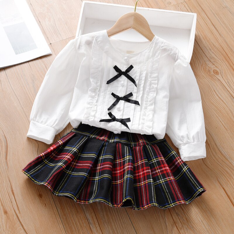 Shirts for Little Girls White Blouse+red Black Plaid Skirt Preppy Style Classic Children Clothes Retro Ruched Blouse Tops