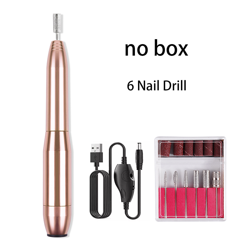 Elektrische Manicure Boor Usb Boormachine Voor Nagels Accessoires Nail Apparatuur Professionele Nagelvijl Set Molen Alle Cutter Art: Gold-no-box-6drill
