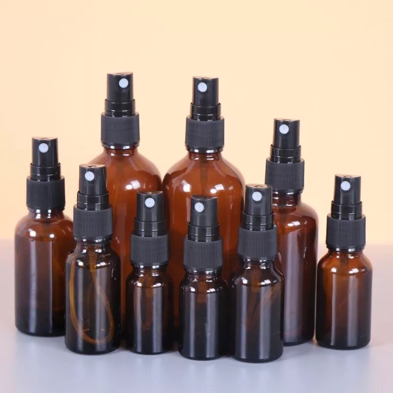 1pcs 5-100ml Portable Amber Glass Essential Oil Spray Bottles Mist Sprayer Container Travel Refillable Bottle Transparent Brown