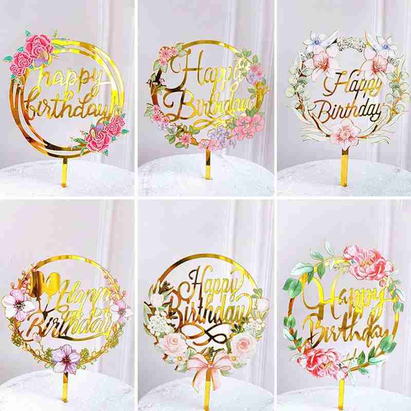 Gelukkige Verjaardag Cupcake Toppers Kleurrijke Bloemen Acryl Bakken Party Dessert Cake Voor Kids Feestartikelen Topper Decoratie M6Q1