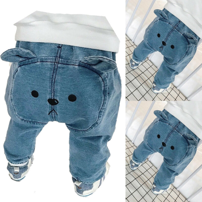 0-3Y Baby Boy Girls Denim Pants Toddler Kid Bear Sweatpant Joggers Elastic Bottoms Trouser