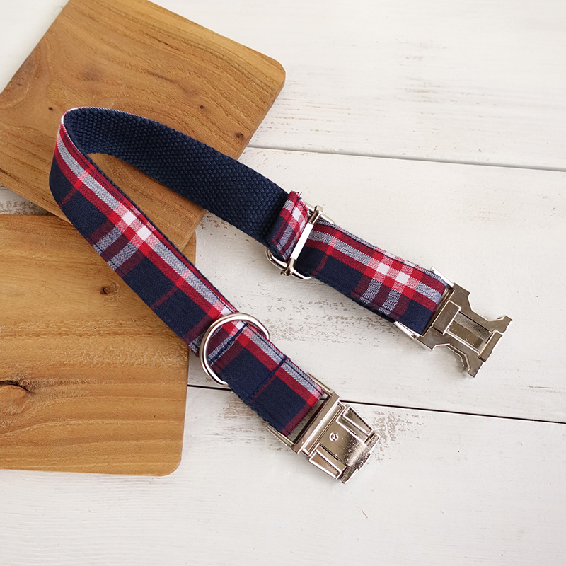 Dog Collar and Leash Set Blue Red Plaid Custom Engrave Name Dog Collars Quick Lease Metal Hardware Pet Collar Big