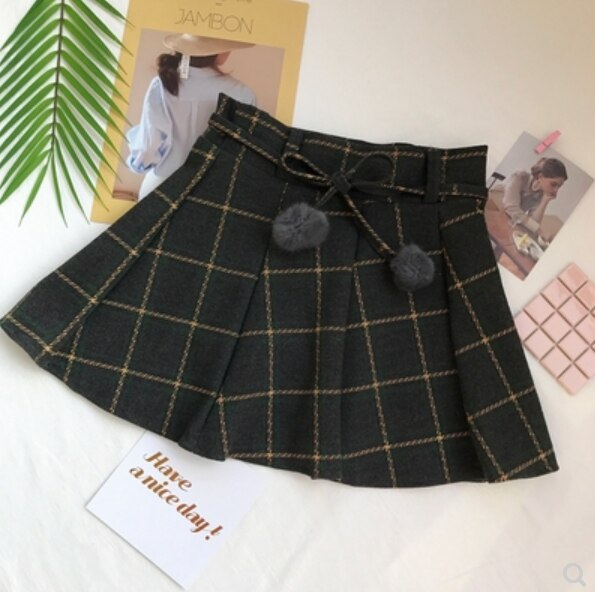 Japanese sweet Autumn Plaid pleated Woolen skirt soft girl cute kawaii preppy style temperament mini JK college uniform skirt
