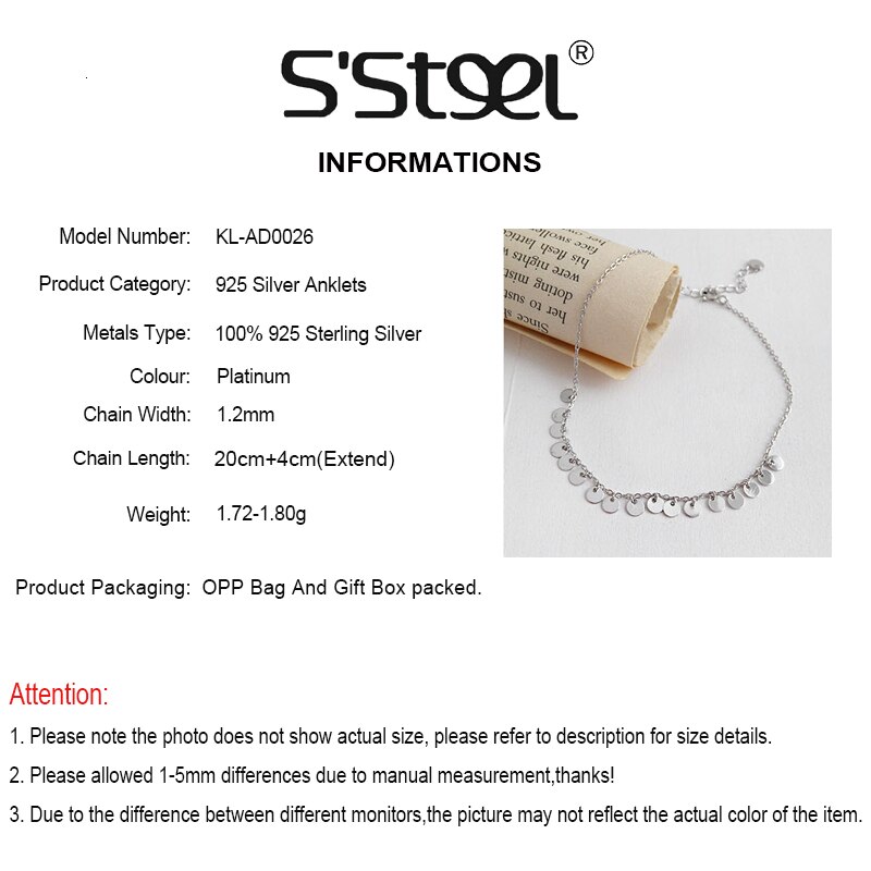 925 S'STEEL Sterling Silver Anklets For Women Geometry Circle Chaine De Cheville Bracelet Femme Foot Acessorios Leg Fine Jewelry