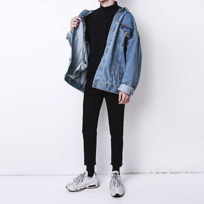 Høst vinter koreansk løs oversize denim jakke menns retro last vask student tenåringetone jakke menn klær
