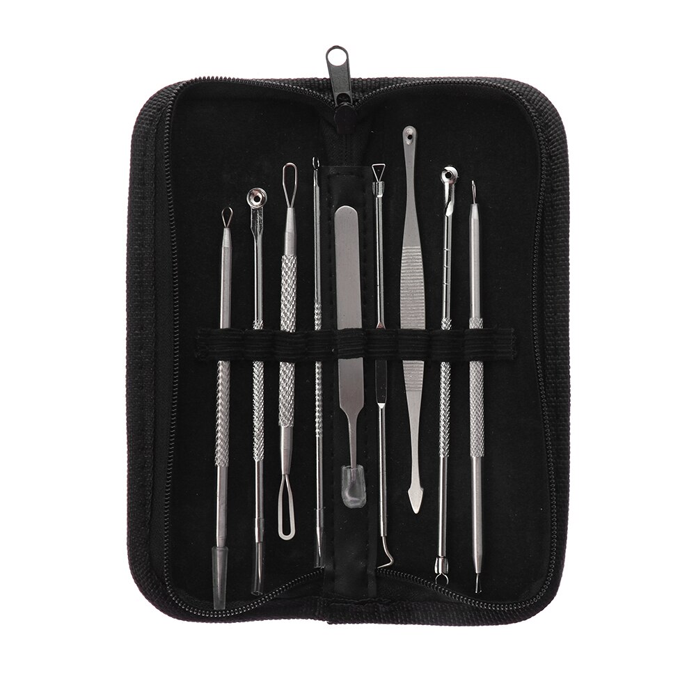8 PCS Premium Blackhead Acne Extractor Comedone Remover Pimple Blemish Treatments Tool Face Skin Care Tools: 9 Pcs With Bag