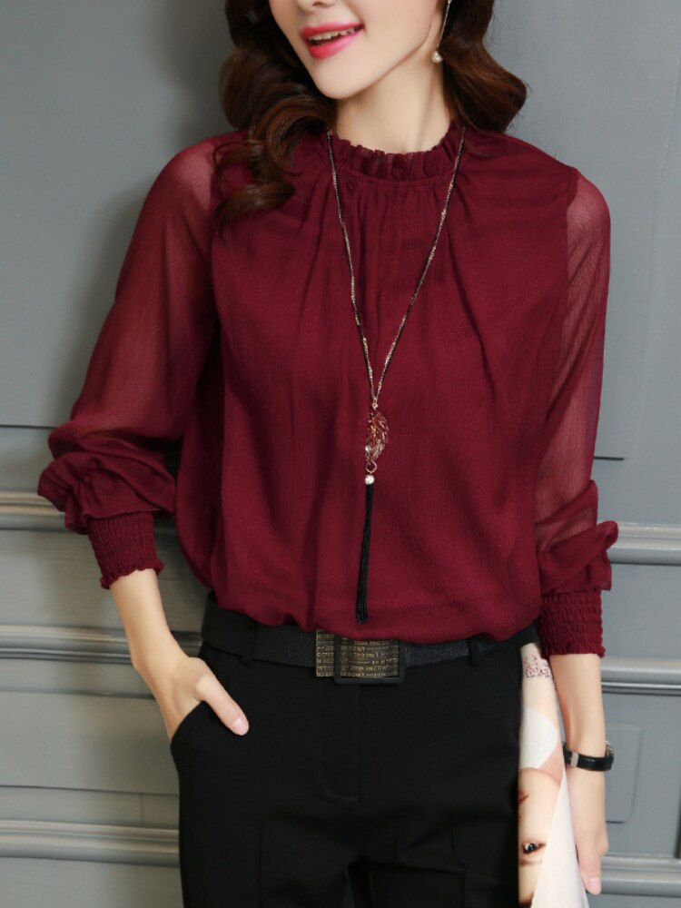 Chemisier en mousseline de soie pour femmes, nouveaux hauts à manches longues, col montant, chemises de travail élégantes pour dames, chemisiers décontractés pour femmes: wine red / XL