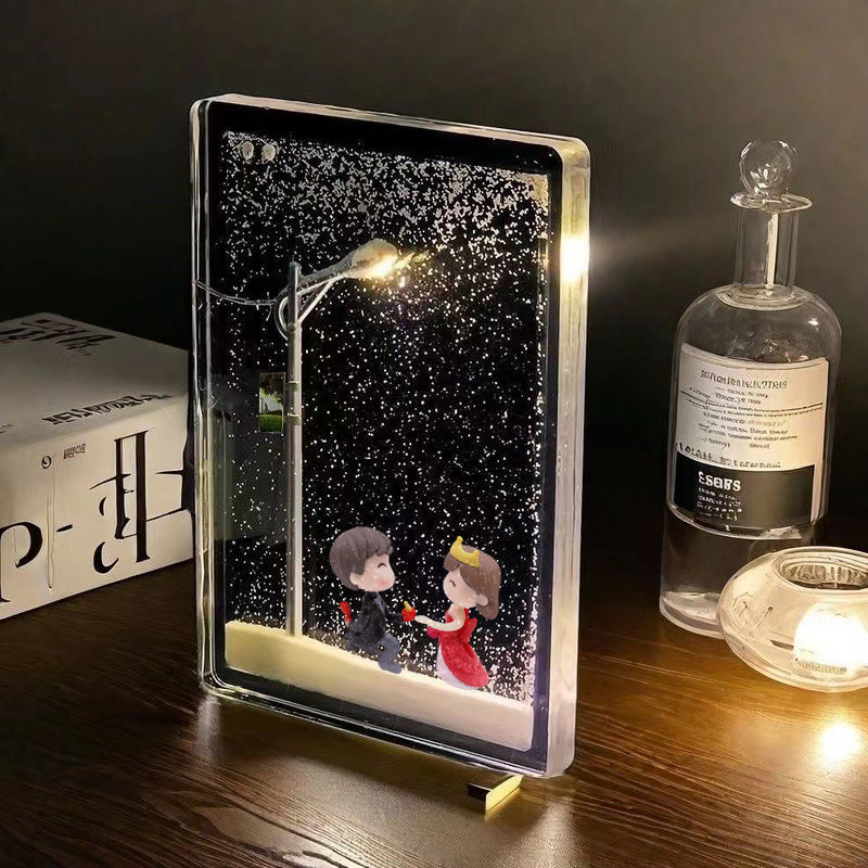 Escena de nieve, farola, noche nevada, luz nocturna que fluye, paquete de Material artesanal, marco de fotos hecho a mano, decoración de escritorio, de cumpleaños