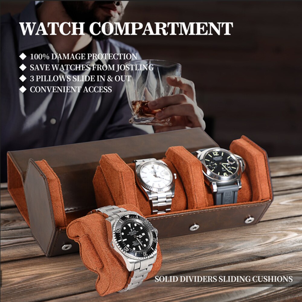 Caja de reloj para hombre, rollo de reloj con 3 ranuras, organizador de almacenamiento y exhibición, accesorio hecho a mano, caja redonda de joyería portátil,