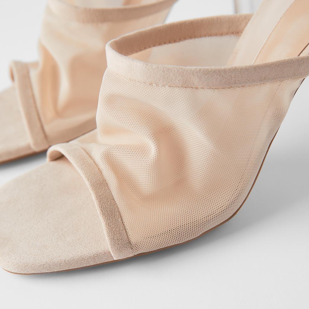 Nuevas sandalias transparentes de malla para mujer, Sandalias de tacón alto con punta cuadrada, sandalias de cuero de ante con punta abierta para mujer, zapatos transparentes de verano