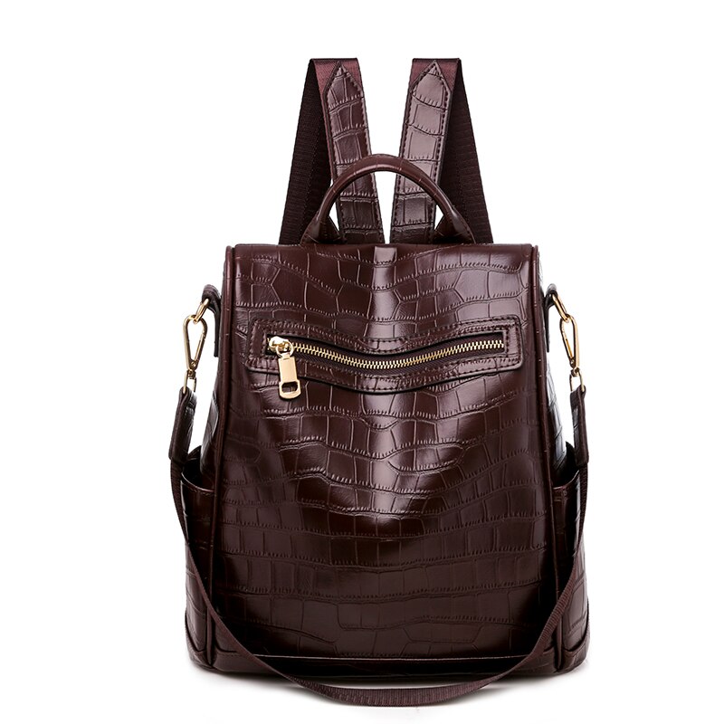 Antidiefstalrugzak voor dames leren rugzak krokodillenpatroon dames reisrugzak pu schooltas voor tienermeisjes preppy: Bruin