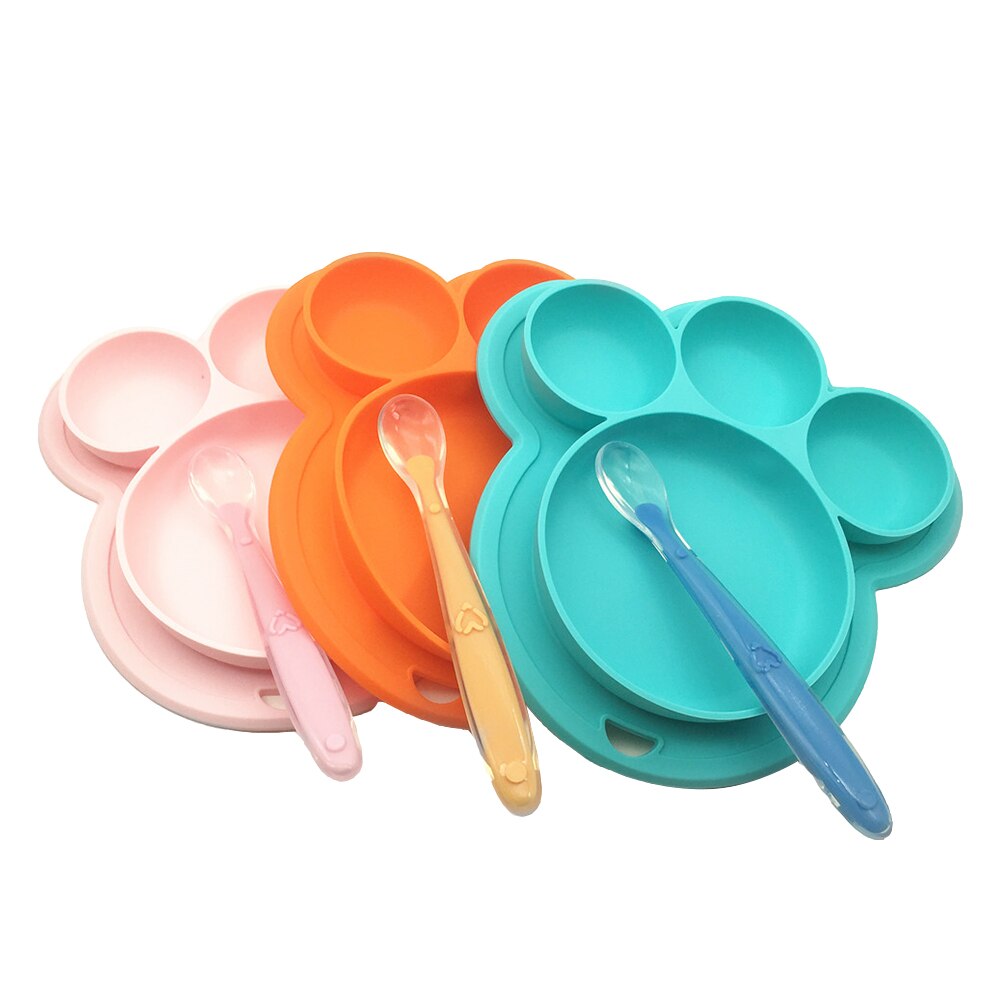 Plato de silicona para bebé, platos de alimentación sin BPA, vajilla de entrenamiento con ventosa para bebés, bonitos platos coloridos de oso de dibujos animados para niños