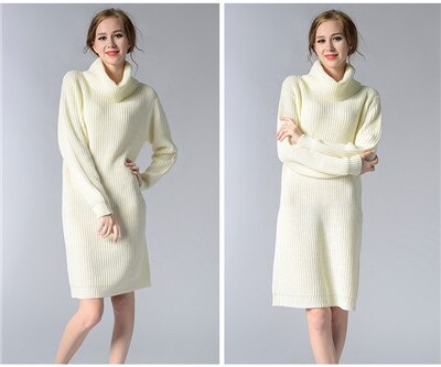 Hoffen nieuwkomers vrouwen lange trui jurk coltrui knielange losse winter gebreide jurken solid party vestidos kerst: WHITE