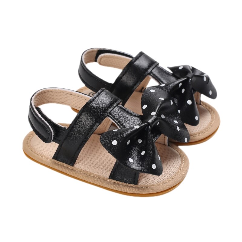 Baby Baby Meisje Schoenen Peuter Flats Sandalen Premium Zachte Rubberen Zool Anti-Slip Zomer Boog Golf Punt Kant Eerste walker Schoenen: Black / 0-6 months