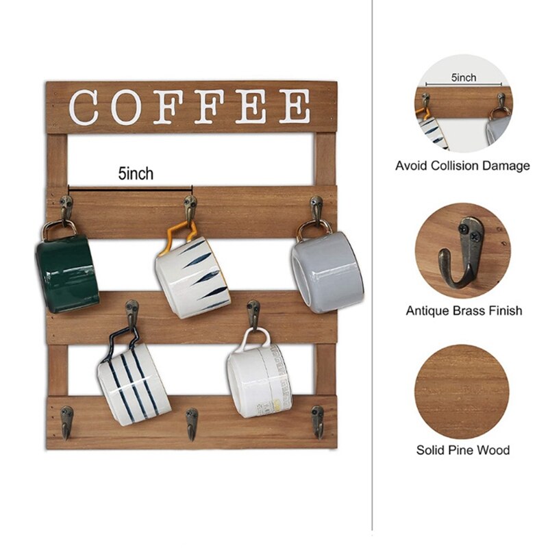 Support mural en bois pour tasses à café, thé et eau, à suspendre, présentoir pour tasses