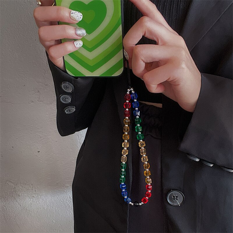 INS Colorful Crystal Bead Bracelet For iPhone 11 12 13 Pro Max Phone Case Portable Rope Cute Keychain Ornaments Hand Strap Chain