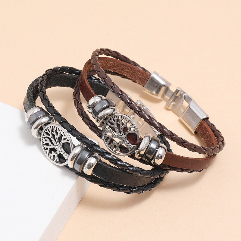 Multilayer Bracelet Men Casual Braided Leather Bracelet For Women Charm Life Tree Bracelet Punk Rock Men Jewelry