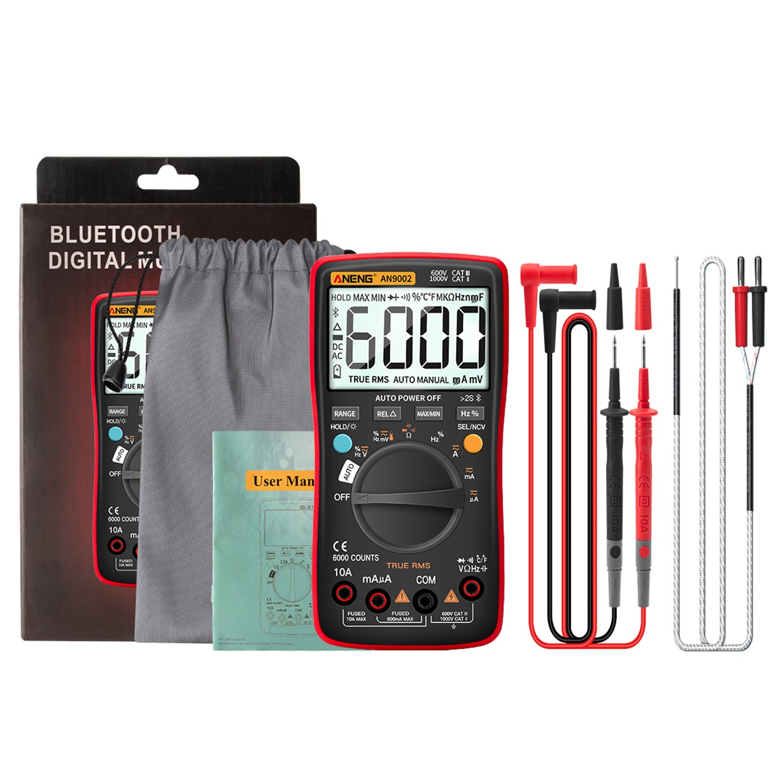 jakiś9002 cyfrowy multimetr Bluetooth 6000 zlicza profesjonalny MultimetroTrue RMS AC/DC woltomierz automatyczny-zakres: czerwony zestaw A